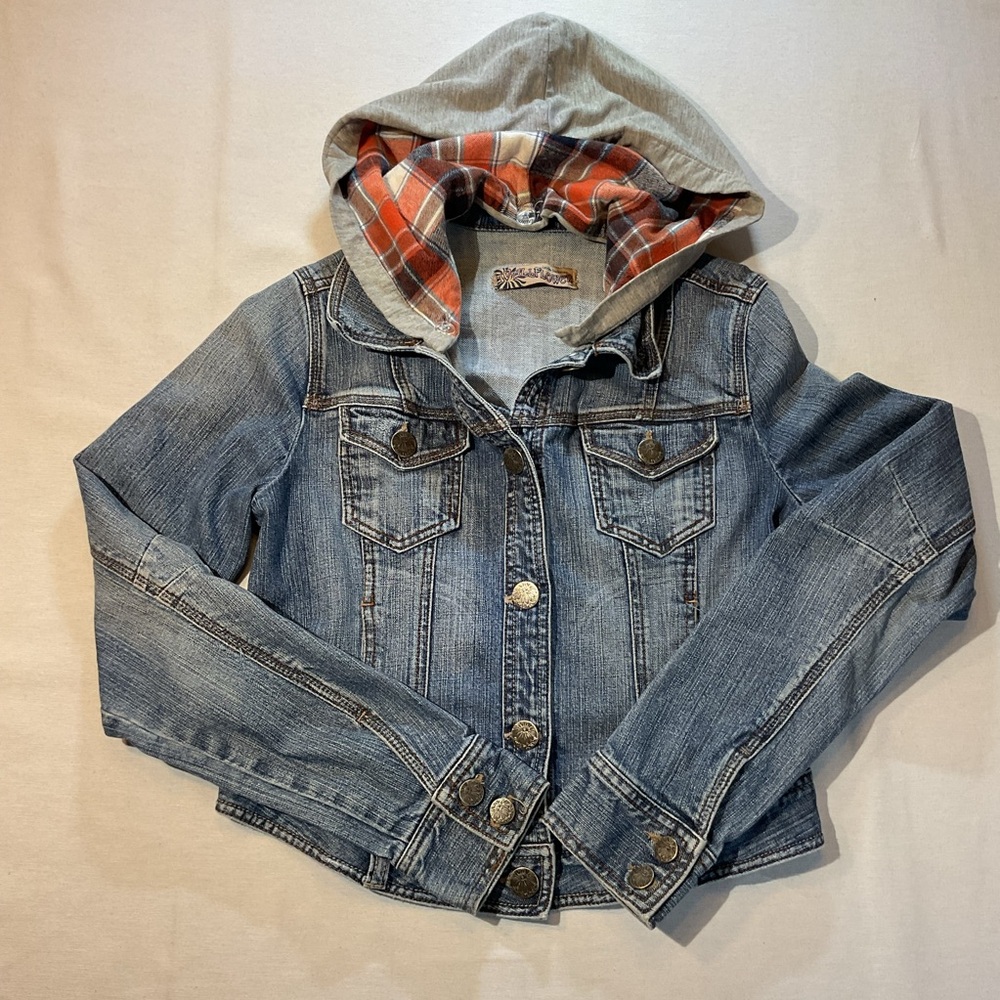 Wallflower Womens Blue Jean Jacket w/Flannel Detachable Hood Size L Buttons Hood